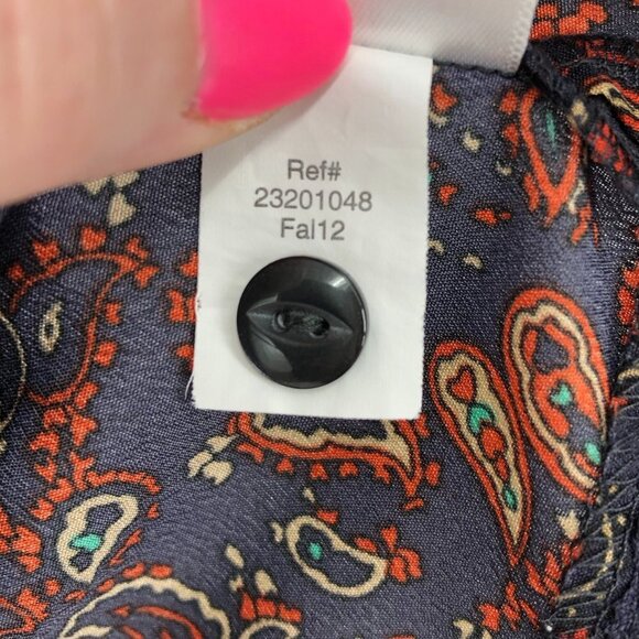 Eddie Bauer Navy burgundy Paisley cap sleeve button front lace cutout blouse Med - Picture 8 of 15